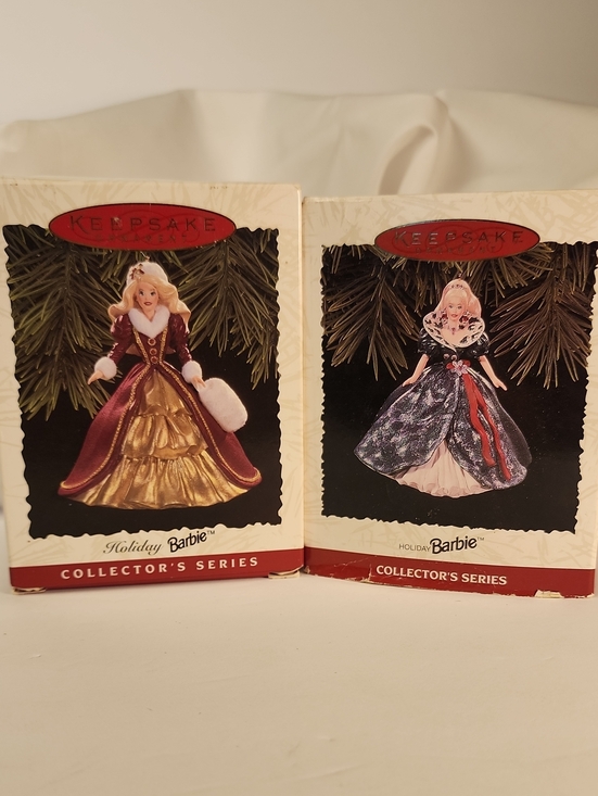 Hallmark Other - 1995 & 1996 Hallmark Holiday Barbie Ornament Duo — Burgundy & Navy Dresses